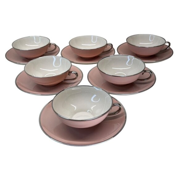 6 Gladding McBean Franciscan China Magnolia Pink Platinum Trim Cups & Saucers - Picture 1 of 11